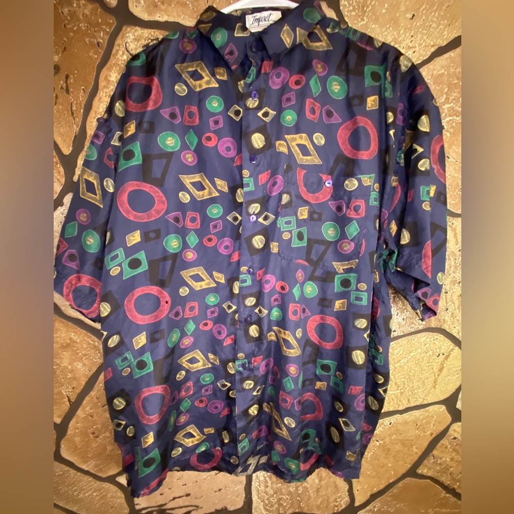 Silk Mens Vintage IMPACT brand Abstract maximalist button down short sleeve